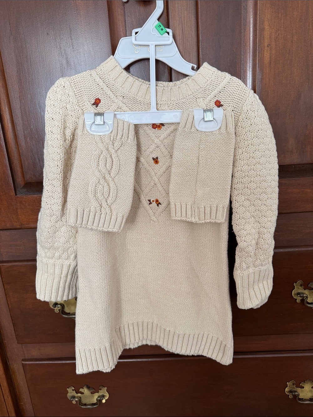 Toddler Cream Knit Pullover Dress with Cable Detail and Leg Warmers